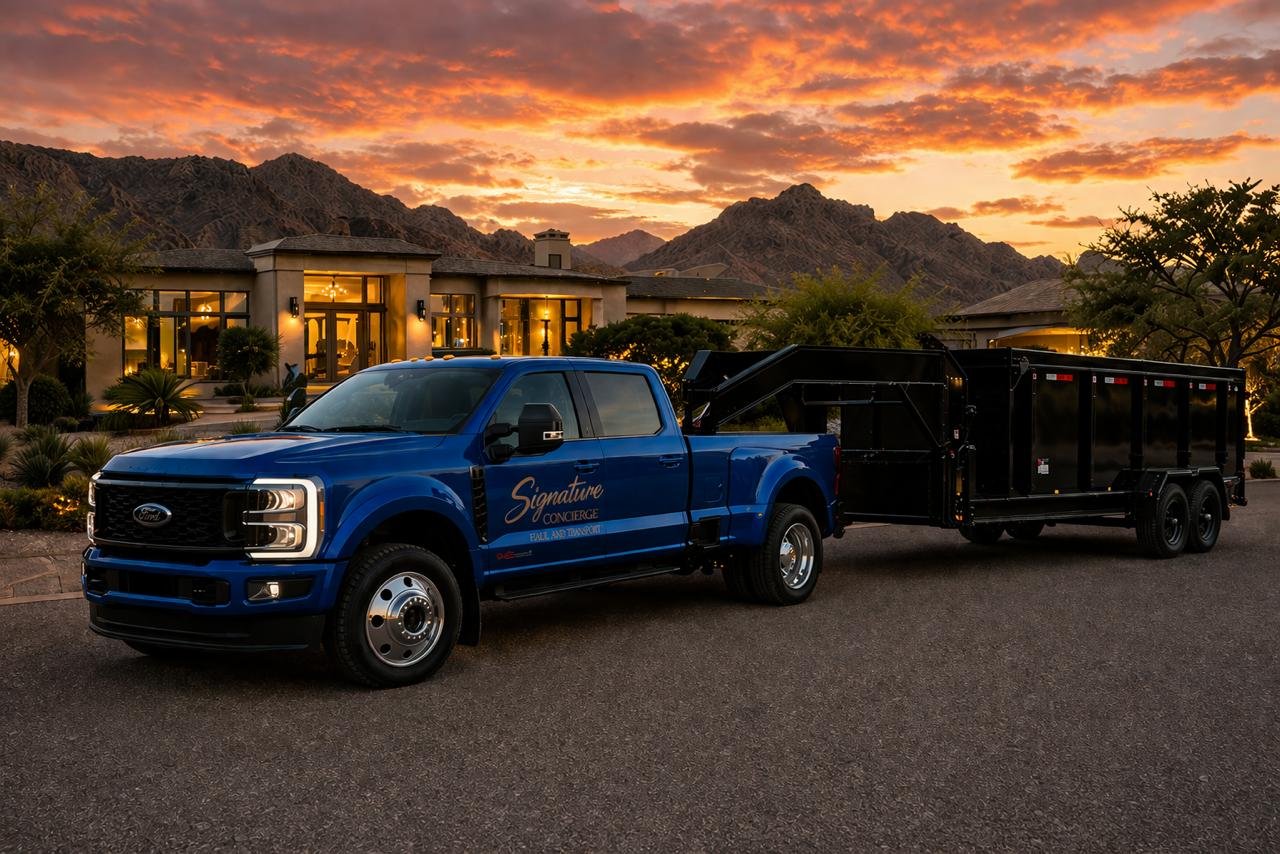 Signature Concierge truck and trailer staged at a Scottsdale luxury home